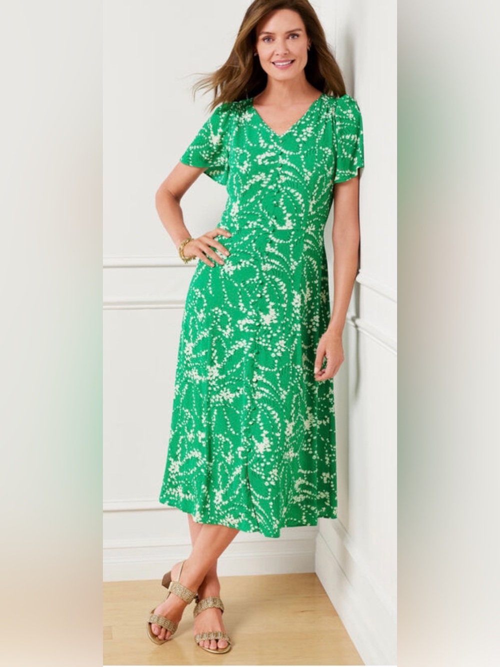 Talbots Swirling Rosebuds Crepe Fit & Flare Dress Size 8 Green White